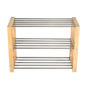 Natural Pine Wood Frame 3-tier Shoe Rack with Stainless Metal Tube Shoe Shelves for Hallway