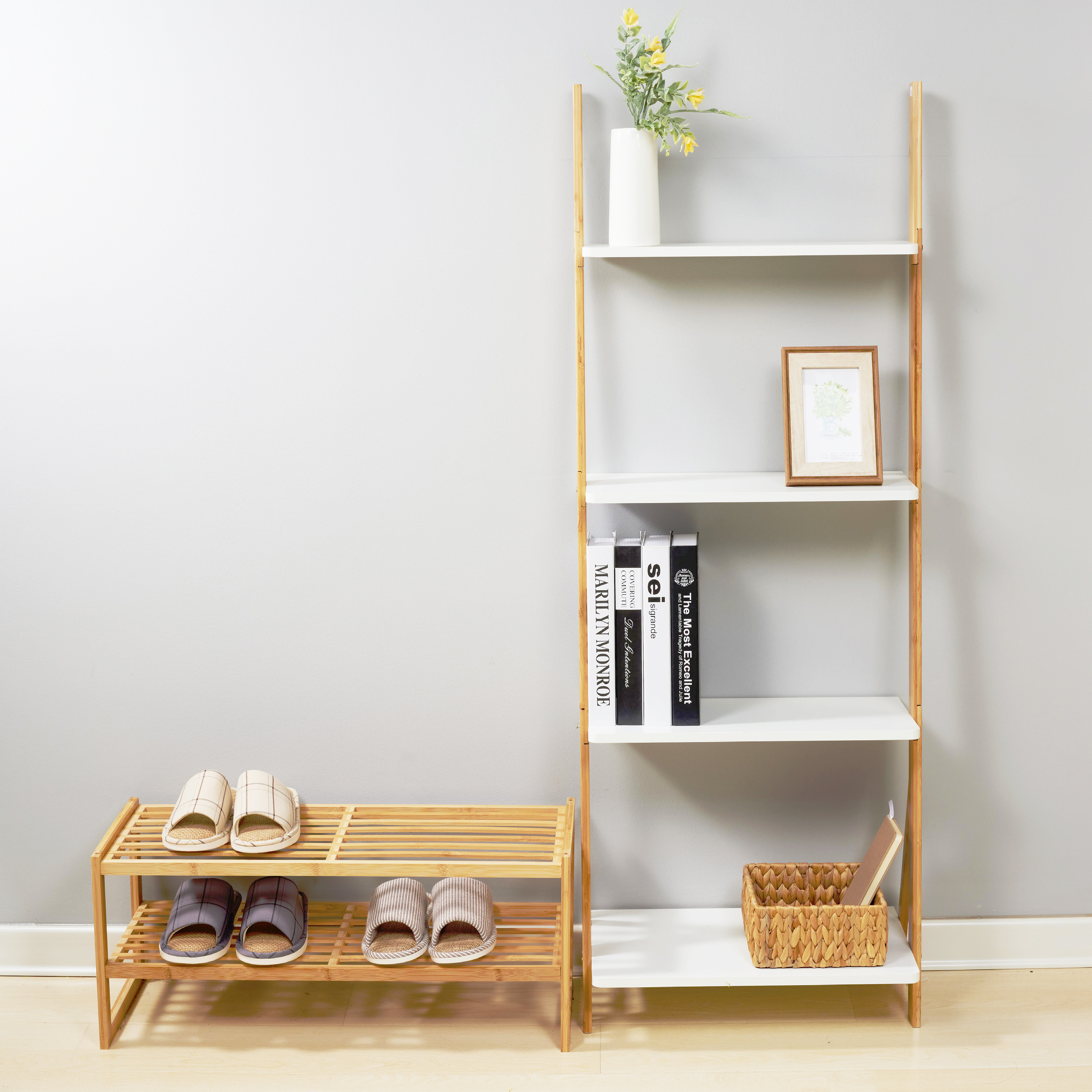 2-Tier Stackable Bamboo Shoe Rack for Closet Multifunctional Utility Free Standing Shoe Shelf Rack