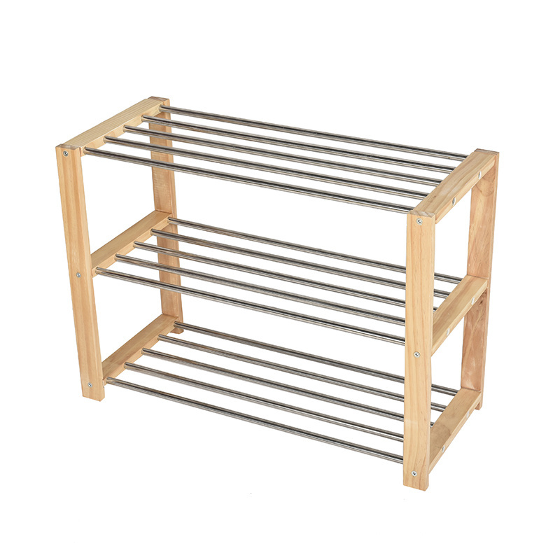 Natural Pine Wood Frame 3-tier Shoe Rack with Stainless Metal Tube Shoe Shelves for Hallway