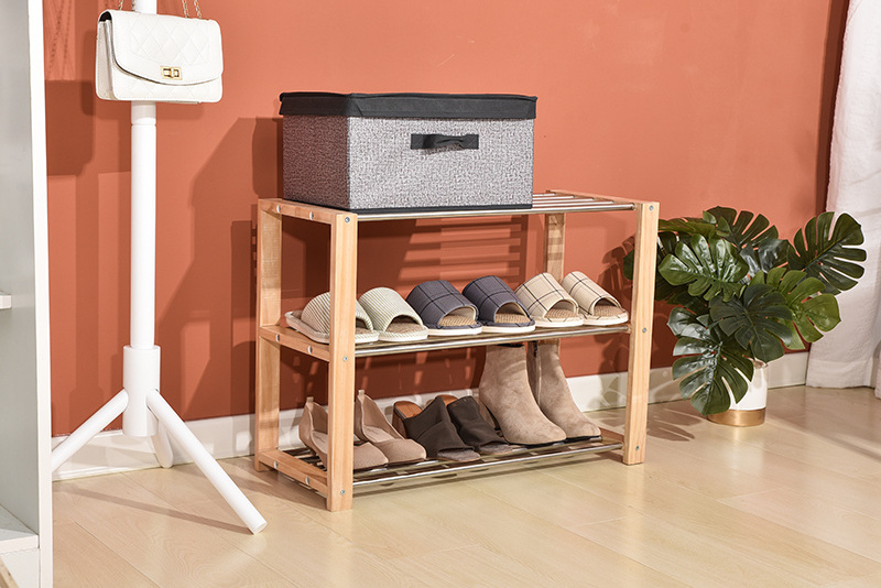 Natural Pine Wood Frame 3-tier Shoe Rack with Stainless Metal Tube Shoe Shelves for Hallway