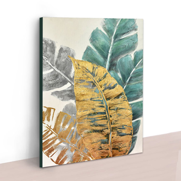 Luxury Art Modern Abstract Green Plant Gold Leaf Canvas Painting For Wall Art By Hand Decoration