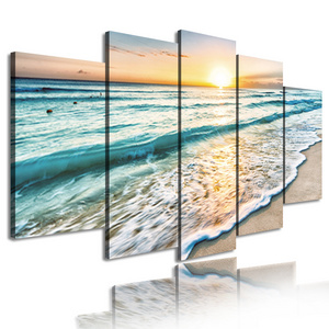 Modern Home Decor 5 Panel Sea Picture Beach Framed Wall Arts Canvas Digital Printing Sunset Seascape Painting