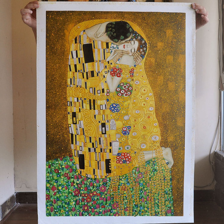 Hand Painted Replica Wall Art Canvas Famous Artwork The Kiss By Gustav Klimt Oil Painting