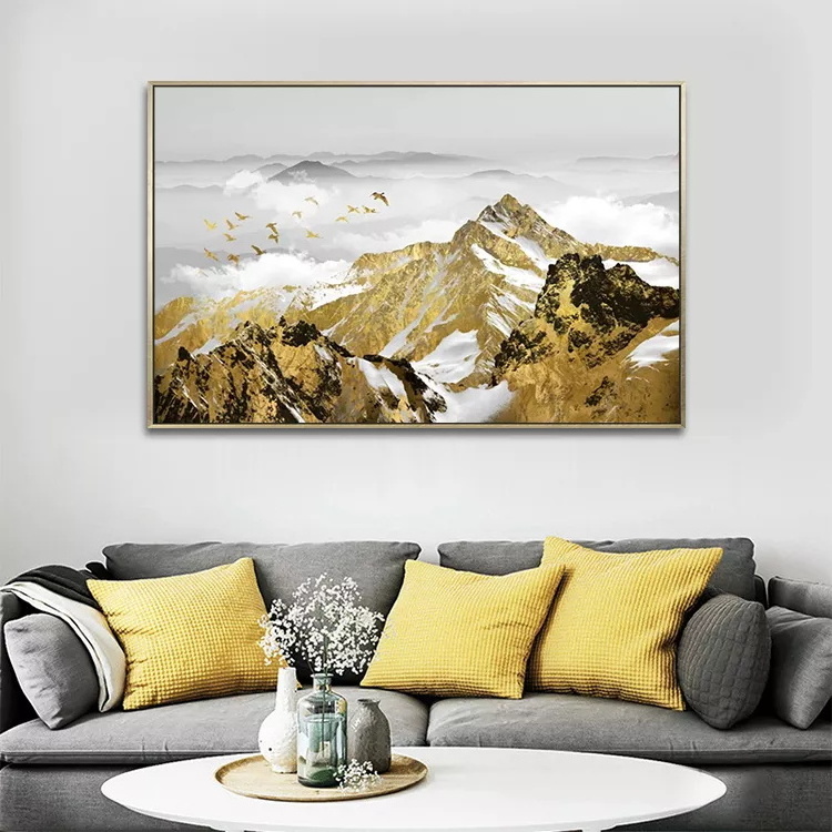 Home Decor Handmade Modern Gold Scenery Canvas Wall Art Work Winter Snow Mountain Landscape Oil Painting