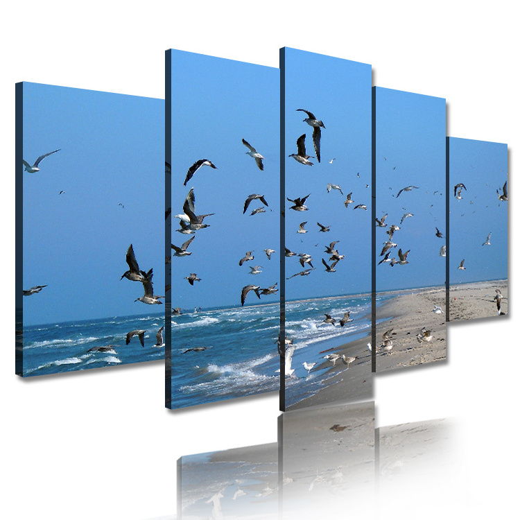 Modern Home Decor 5 Panel Sea Picture Beach Framed Wall Arts Canvas Digital Printing Sunset Seascape Painting