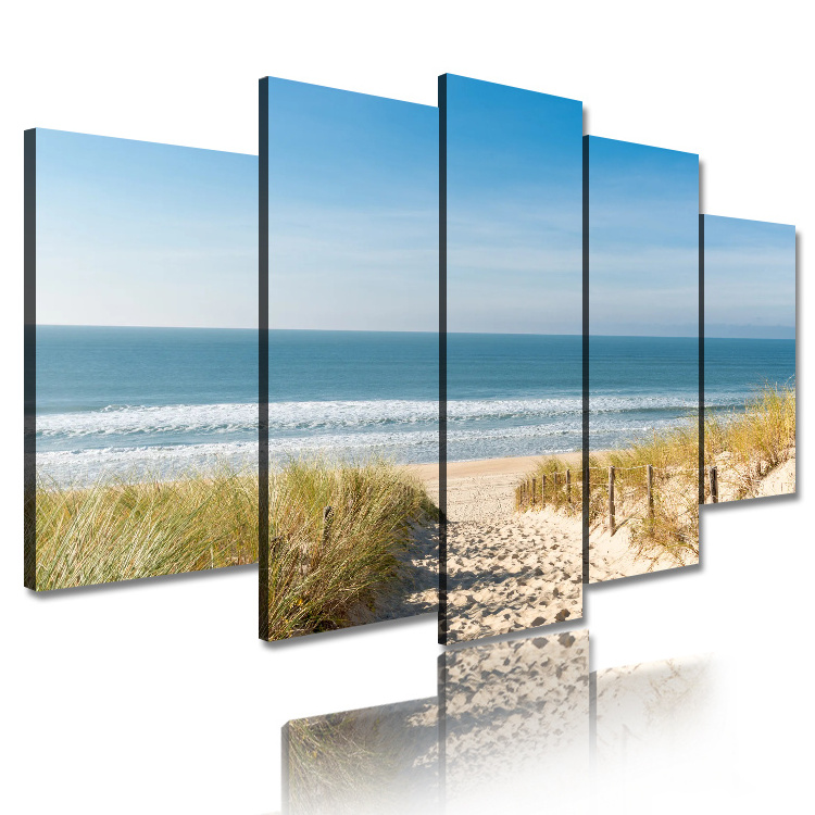 Modern Home Decor 5 Panel Sea Picture Beach Framed Wall Arts Canvas Digital Printing Sunset Seascape Painting