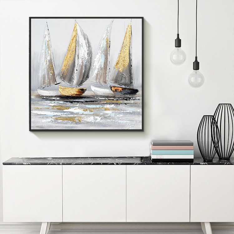 Textured Custom Size Bathroom Handmade Black And Gold Canvas Artwork  Modern Wall Art Seascape Paintings Coastal Decor