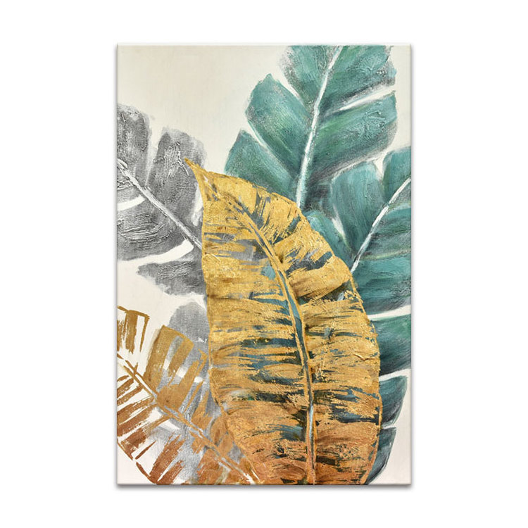 Luxury Art Modern Abstract Green Plant Gold Leaf Canvas Painting For Wall Art By Hand Decoration