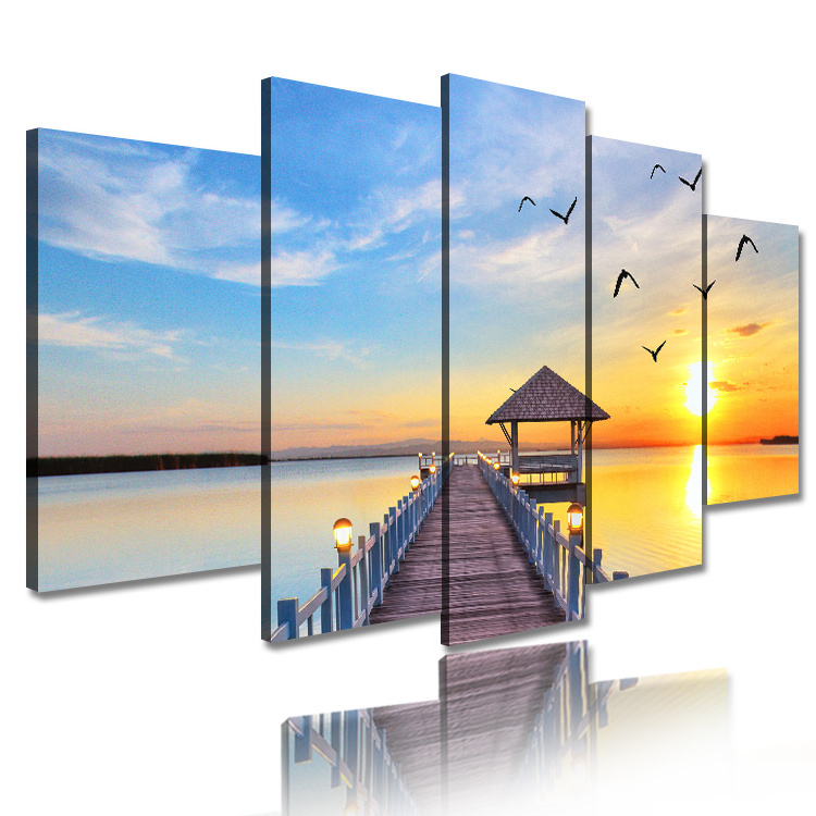 Modern Home Decor 5 Panel Sea Picture Beach Framed Wall Arts Canvas Digital Printing Sunset Seascape Painting