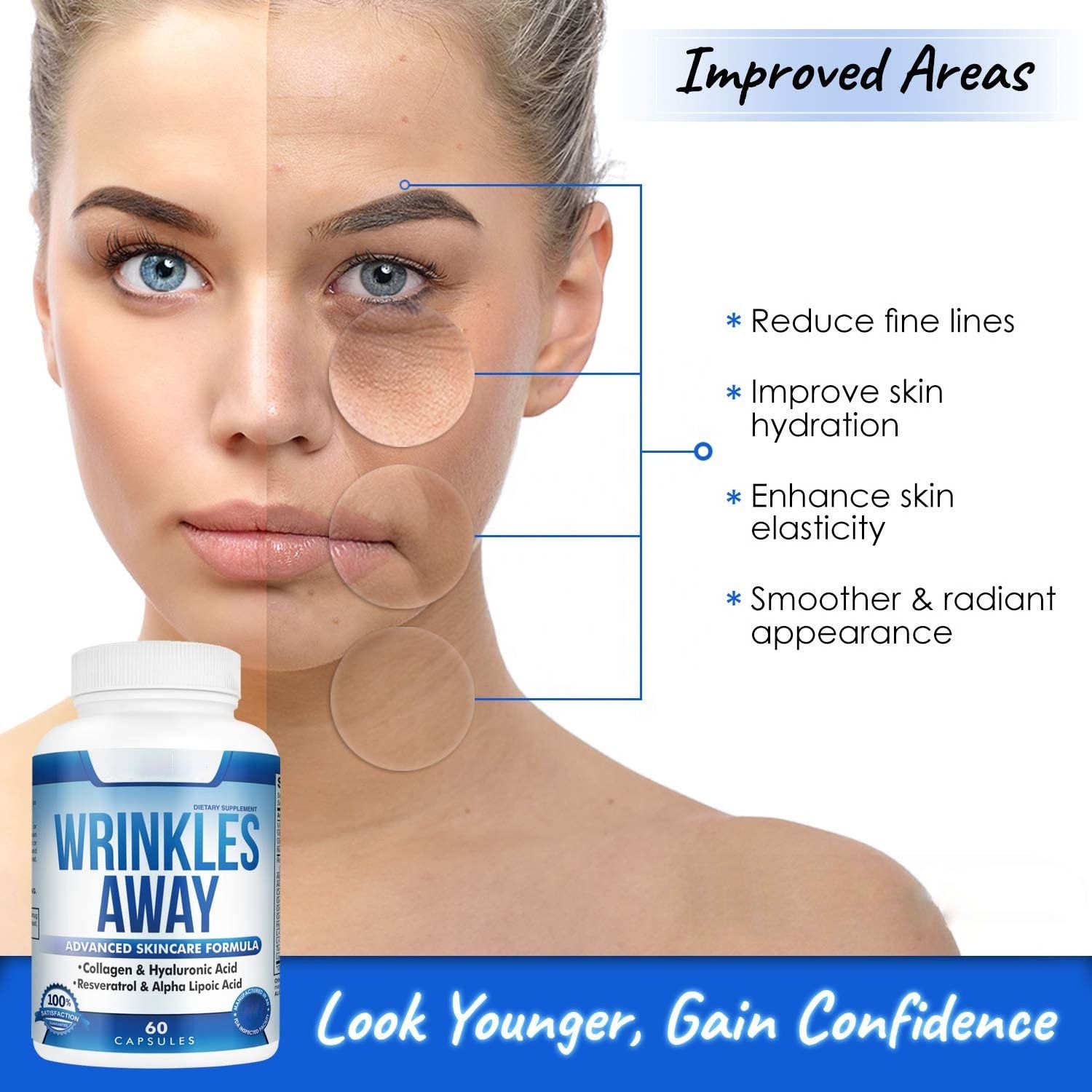 Anti Wrinkle and Ageless Skin Vitamins Dermal Repair Complex for Skin Repair with Collagen & Resveratrol & Alpha