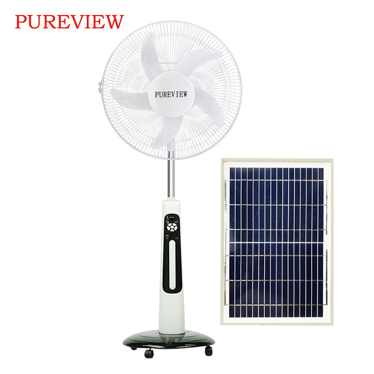 Spot wholesale 16 inch solar charging electric fan with external led bulb fan Power bank solar rechargeable stand fan