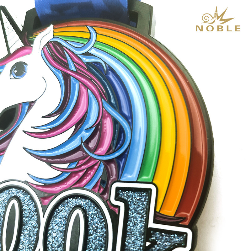 Custom Made Hard Enamel Glitter Unicorn Medal with Bespoke Sublimated Ribbon for Events and Competition