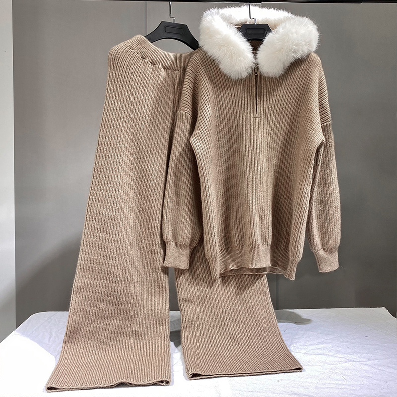 European High fashion Women's Two Piece Faux fur hood Outfits Sweater Sets Long Sleeve Pullover and Drawstring Pants Sets  1767