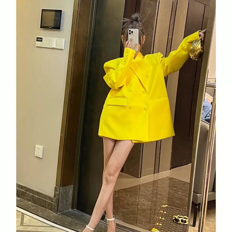 5220 # Yellow Shoulder Pad Suit Coat for Women 2023 Spring New High Grade Fashion Temperament Goddess Style Loose fitting Suit f