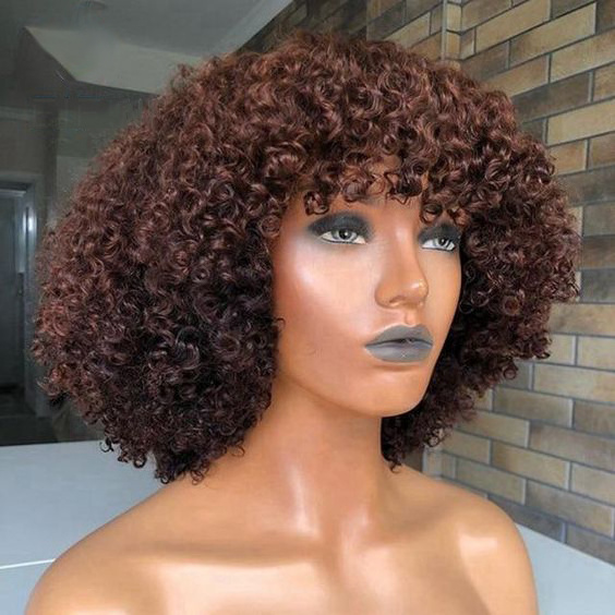 Cheap Afro Kinky Curly Bob African American Gorgeous Red brown wig Small Roll Black Short Hair Piece Human hair Wigs with Bangs