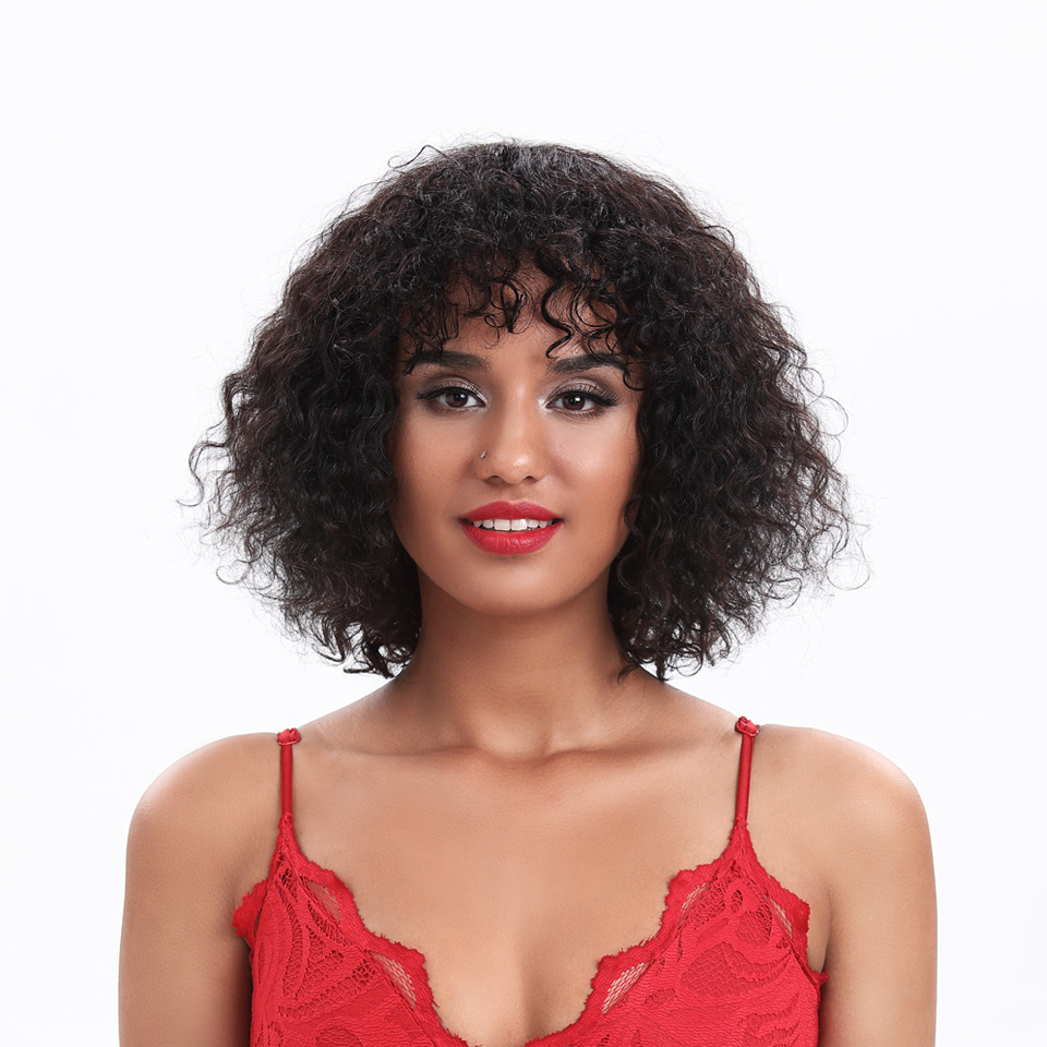 Cheap Afro Kinky Curly Bob African American Gorgeous Red brown wig Small Roll Black Short Hair Piece Human hair Wigs with Bangs