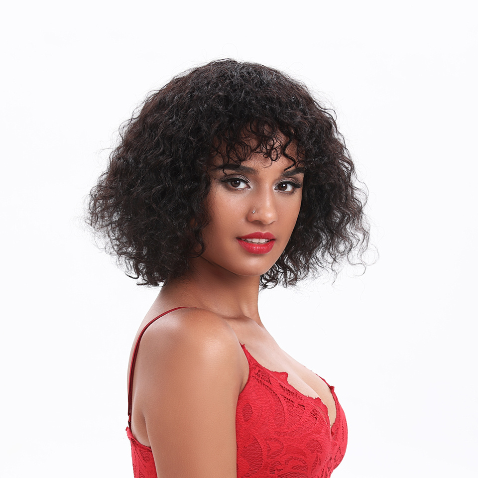 Cheap Afro Kinky Curly Bob African American Gorgeous Red brown wig Small Roll Black Short Hair Piece Human hair Wigs with Bangs