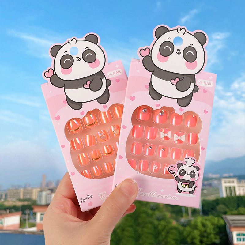 24Pcs/Box Pre-Glue Panda Cat Aurora Plating Full Cover Short Children Kids Nail Salon False Nails Cute Kids Press On Nails