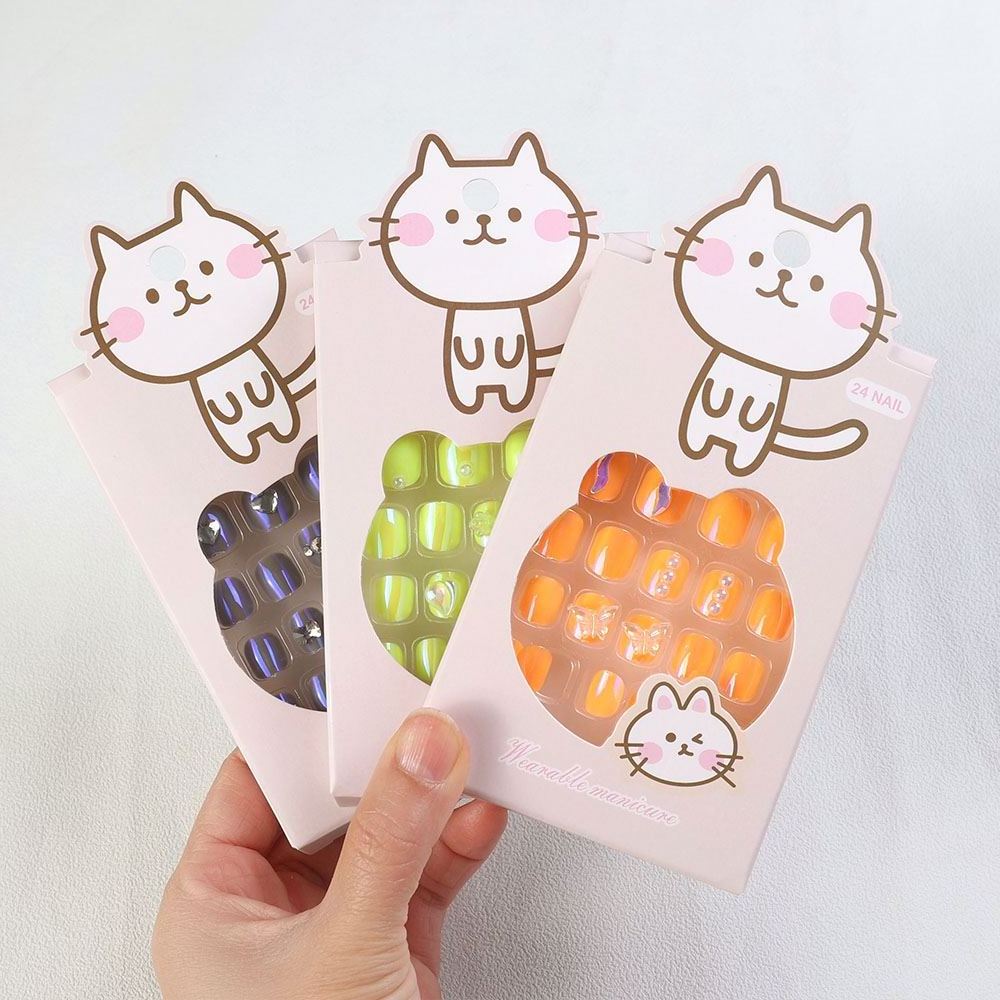 24Pcs/Box Pre-Glue Panda Cat Aurora Plating Full Cover Short Children Kids Nail Salon False Nails Cute Kids Press On Nails