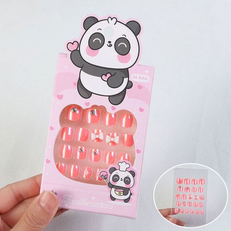 24Pcs/Box Pre-Glue Panda Cat Aurora Plating Full Cover Short Children Kids Nail Salon False Nails Cute Kids Press On Nails