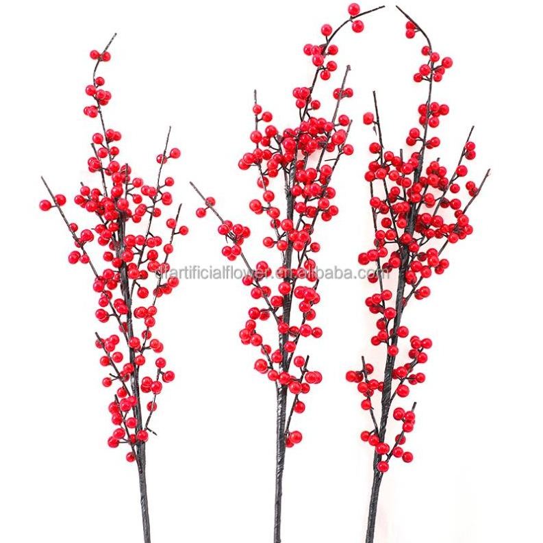 H120B Christmas Ornaments Decoration Supplies Long Stem Tree Berries Pick Branches Artificial  Flower Red Berry Fruits Holly