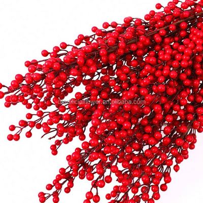 H120B Christmas Ornaments Decoration Supplies Long Stem Tree Berries Pick Branches Artificial  Flower Red Berry Fruits Holly