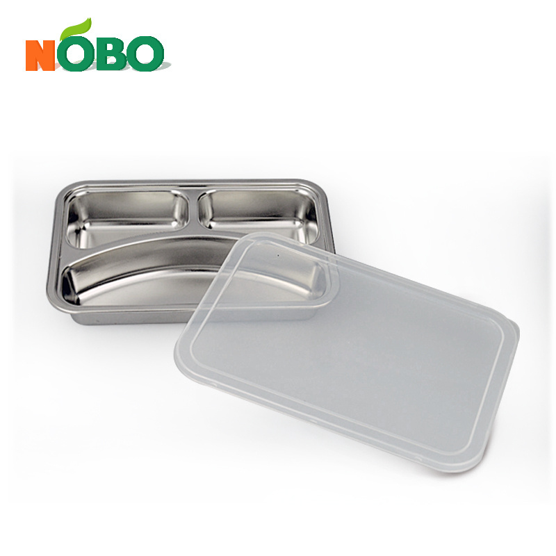 School Supply Small Size 3 Compartments Stainless Steel Square Fast Food Tray Serving Tray with SS lid