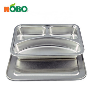 School Supply Small Size 3 Compartments Stainless Steel Square Fast Food Tray Serving Tray with SS lid