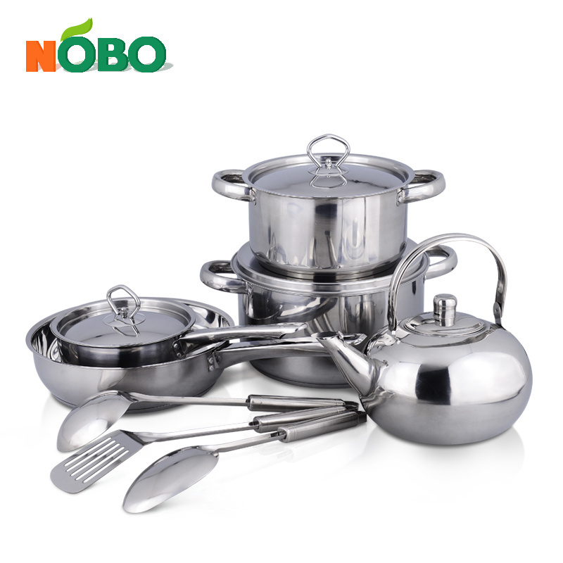 13-Piece Mirror Polished Stainless Steel Kitchen Pot Pan Set Cookware Set with Cooking Utensils