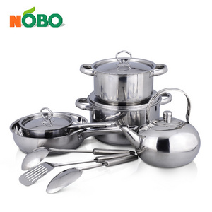 13-Piece Mirror Polished Stainless Steel Kitchen Pot Pan Set Cookware Set with Cooking Utensils