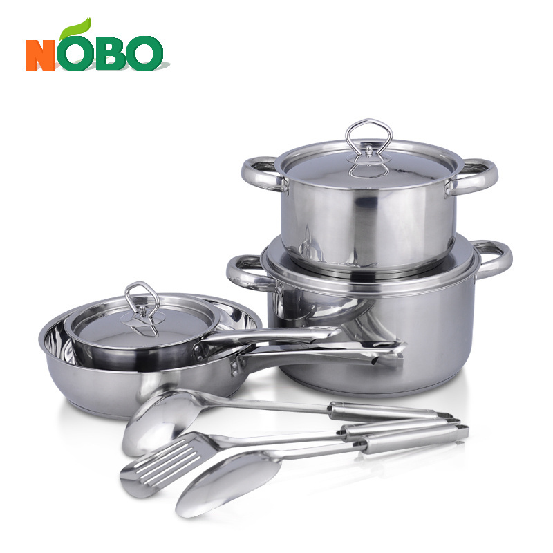 13-Piece Mirror Polished Stainless Steel Kitchen Pot Pan Set Cookware Set with Cooking Utensils