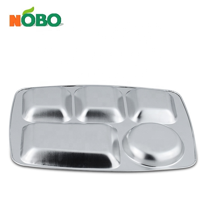 5 Compartment Rectangular Serving Thali Divider Plates Stainless Steel Hospital School Food Lunch Tray