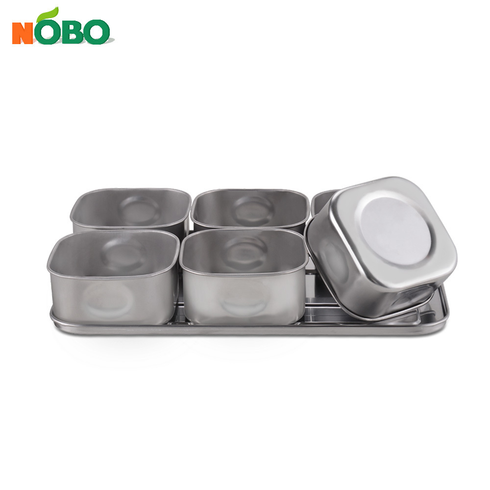 Stainless steel condiments box 6 compartment square seasoning storage spice box set