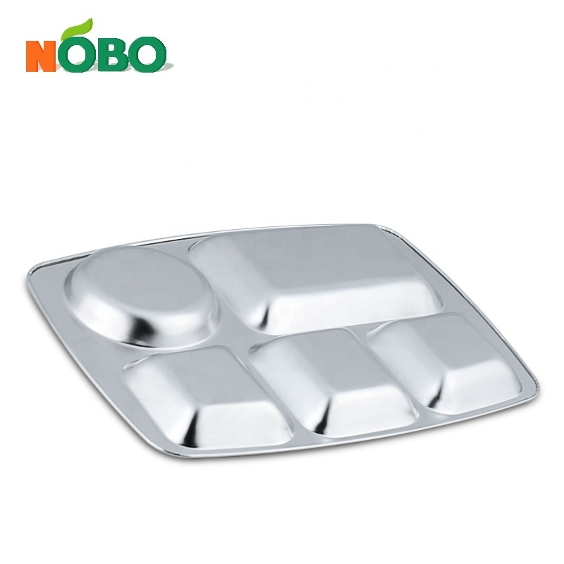 5 Compartment Rectangular Serving Thali Divider Plates Stainless Steel Hospital School Food Lunch Tray