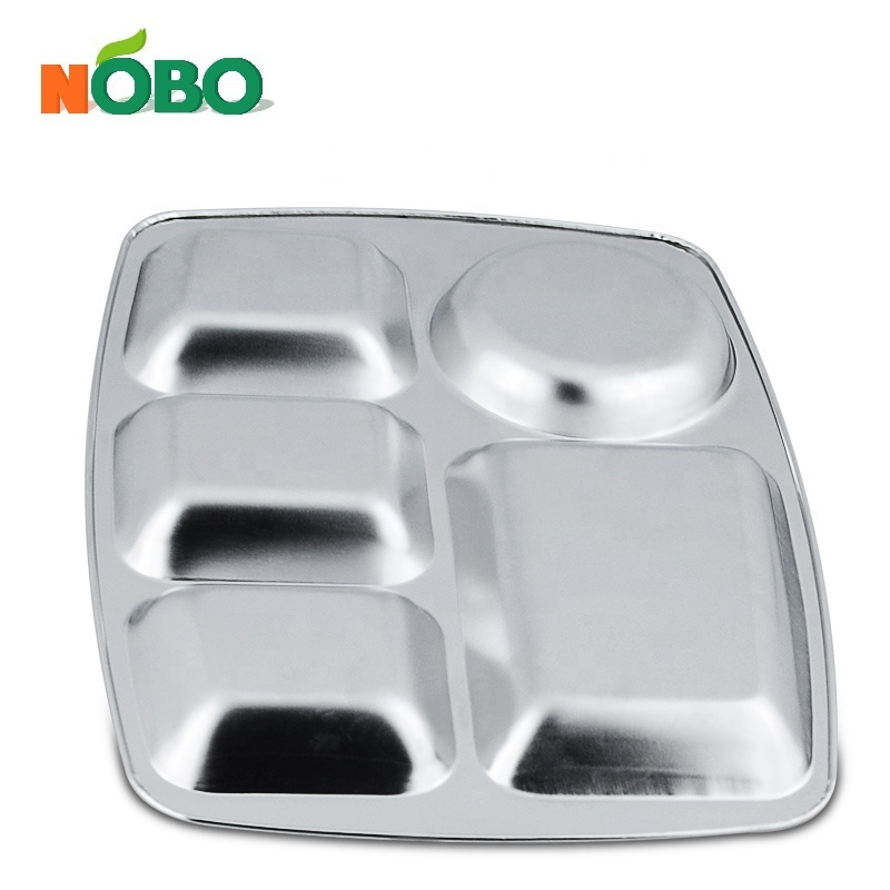 5 Compartment Rectangular Serving Thali Divider Plates Stainless Steel Hospital School Food Lunch Tray