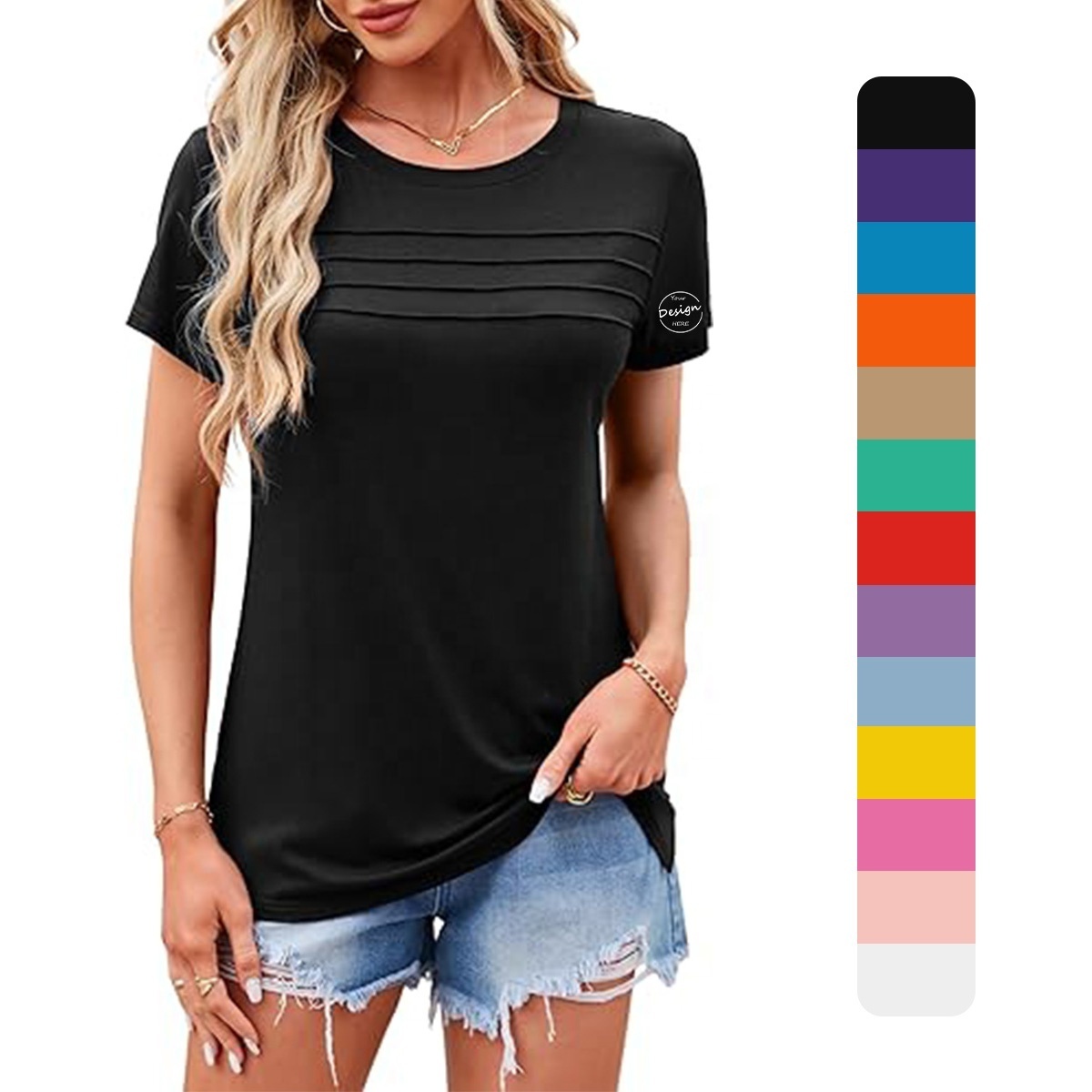 Custom 95 Cotton And 5 Polyester O-neck Short Sleeves Fitted Tops Chest Pleated Women Tshirt With Double Split Hem