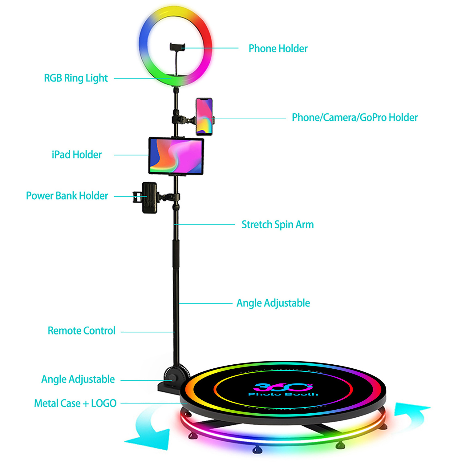 APP Controlled 360 Photo Booth Led Glass Ring Light 360 Photo Booth Moving Cart For 360 Camera Photo Booth Spin Stand