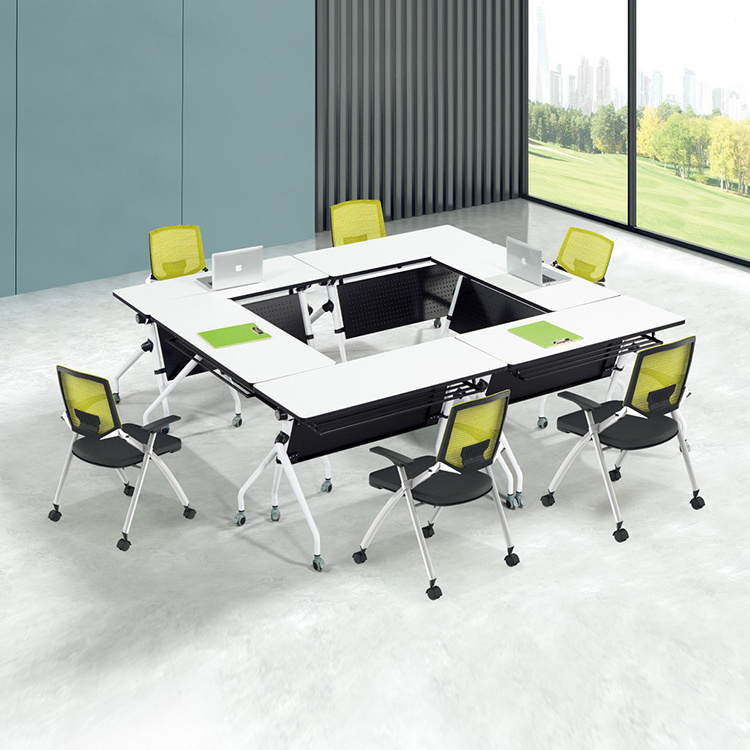 Modern High Quality Training desk Wooden Folding Meeting Room Table Round metal legs conference table With Caster