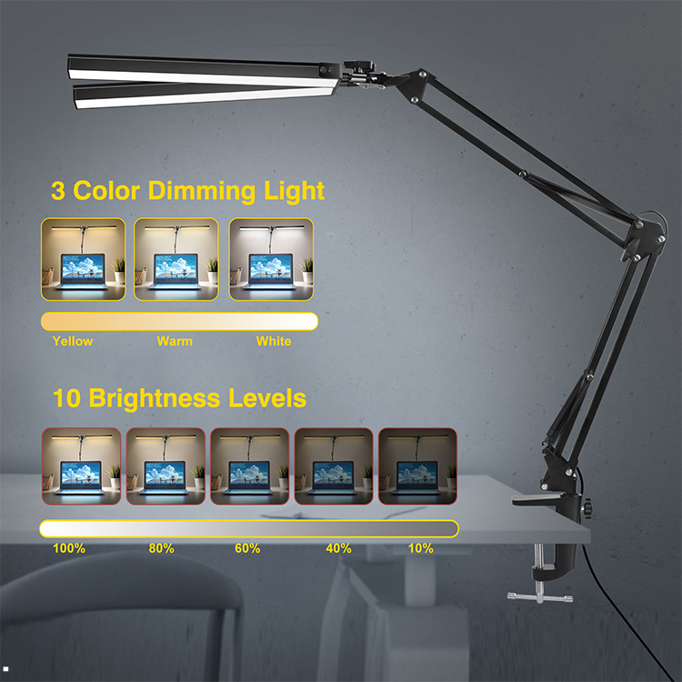 LED Double Heads Swing Arm Table Lamp Cosmetic Tattoo Reading Working Clip Table Lamp Dimmable Flexible Eye Care Desk Lamp