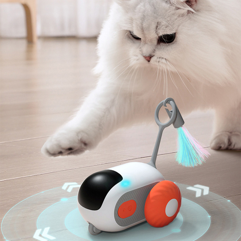 New teasing rechargeable pet interactive auto running yellow blue car toy smart automatic cat teasing toy