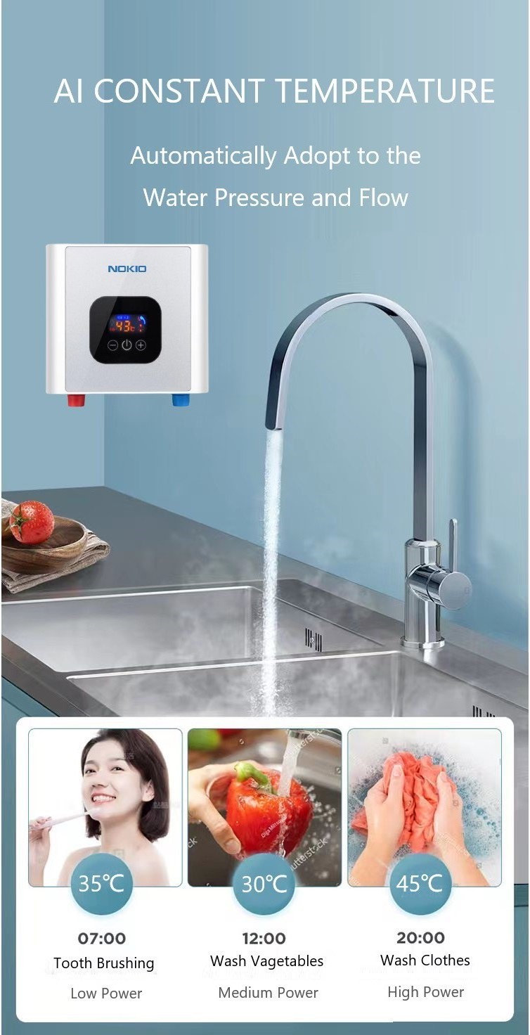 NOKIO High Efficiency Smart Mini Tankless Electric Water Heater For Kitchen And Bathroom Hot Water