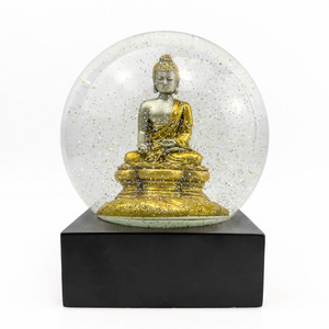 Customized Resin Buddha Statue Snowflake Ball Decoration Gold Bodhisattva Buddha Statue with Sparkling Pink Black Square Base