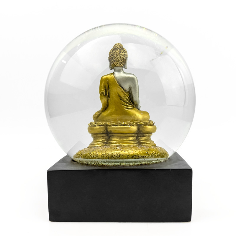 Customized Resin Buddha Statue Snowflake Ball Decoration Gold Bodhisattva Buddha Statue with Sparkling Pink Black Square Base