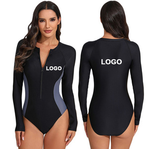 One-Piece Zipper Sports Swimwear Women's Long Sleeve Beach Wear Conservative Sunscreen Surf Suit 1 Piece Swimsuit For Women