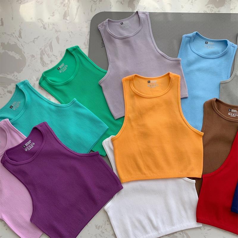 Wholesale Solid Sleeveless Vest Women Crop Tops Running Yoga Wear Clothing Slim Fit Quick Drying Ribbed Crop Tank Top Casual