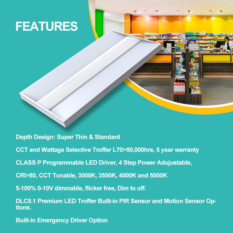 DLC Standard LED Troffer 2x2 2x4 40W 50W LED Panel Light Troffer with Dimmable Sensor Emergency