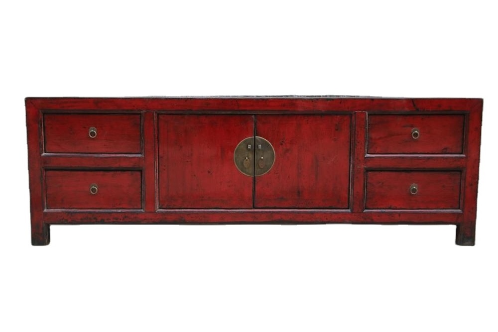 Chinese antique classical red Drawer Tv cabinet living room TV cabinet