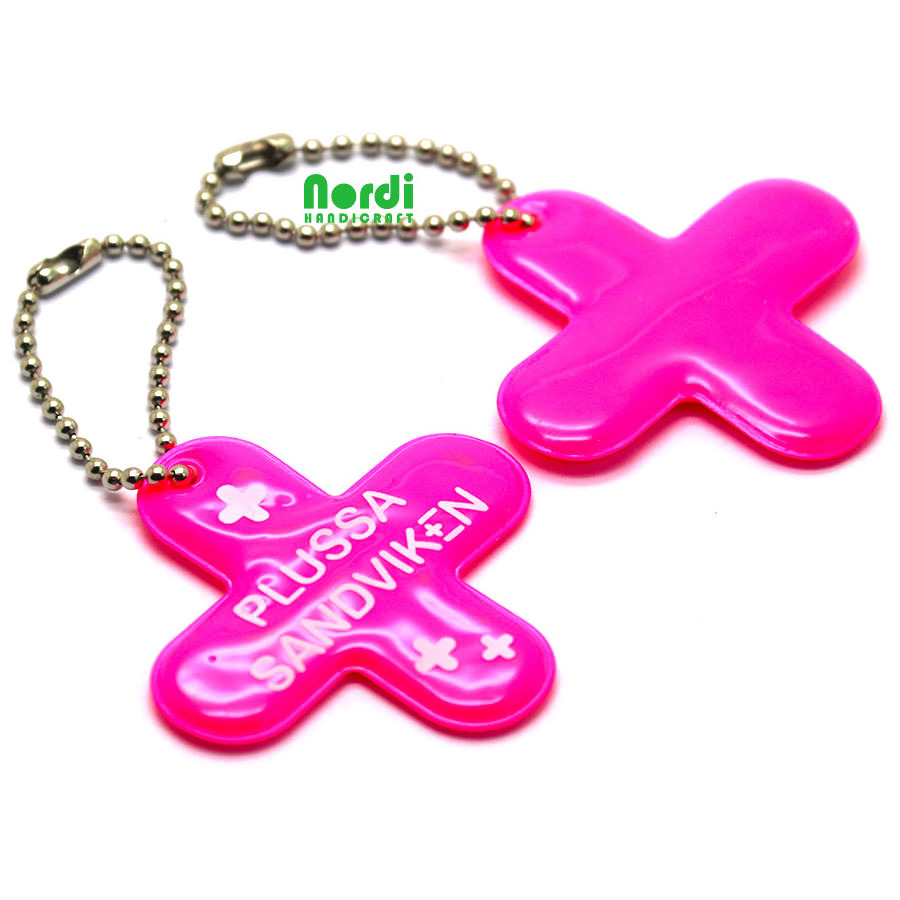 OEM custom safety shape reflective pvc keychain key tag with metal ball chain