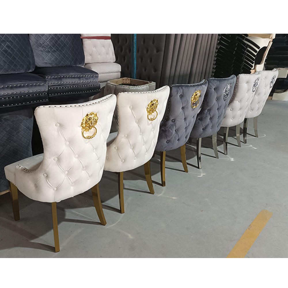 European Luxury Velvet Fabric Lion Knocker Stainless Steel Legs Dining Restaurant Coffee Event Banquet Hotel Ceremony Chairs