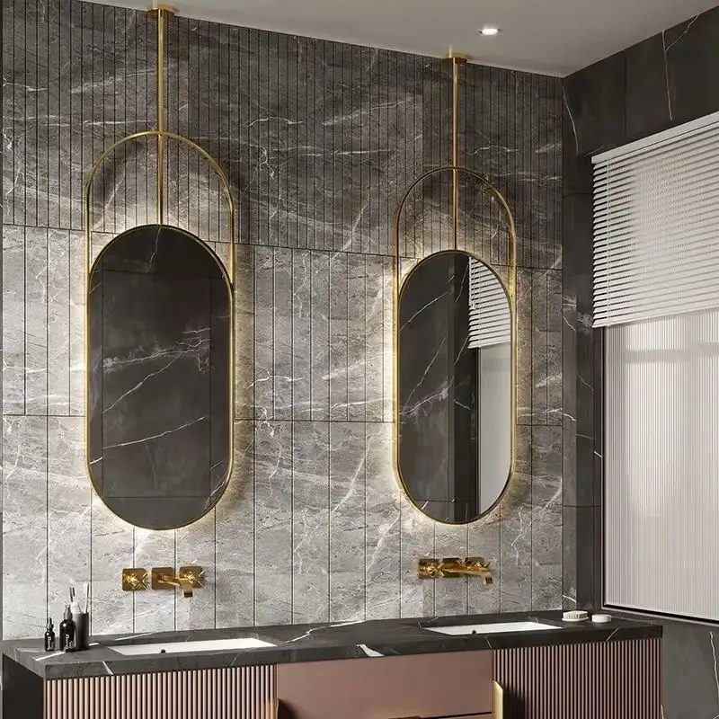 luxury modern Big Decorative Antique Brass Bathroom Stainless Steel Golden Framed Led Wall Lighting Long Mirrors with frame